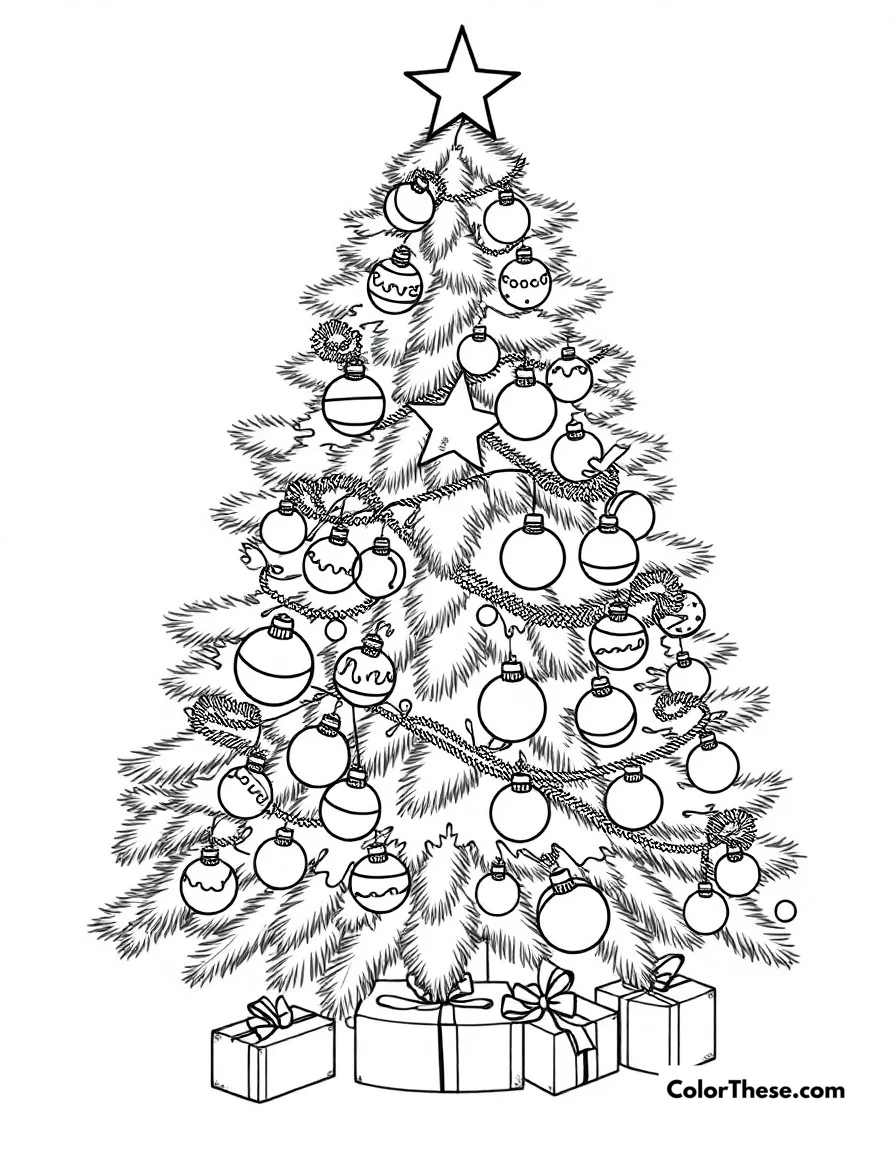 Free printable christmas tree decorating coloring page for kids and adults. A beautiful Christmas tree being decorated with ornaments, lights, and tinsel.
