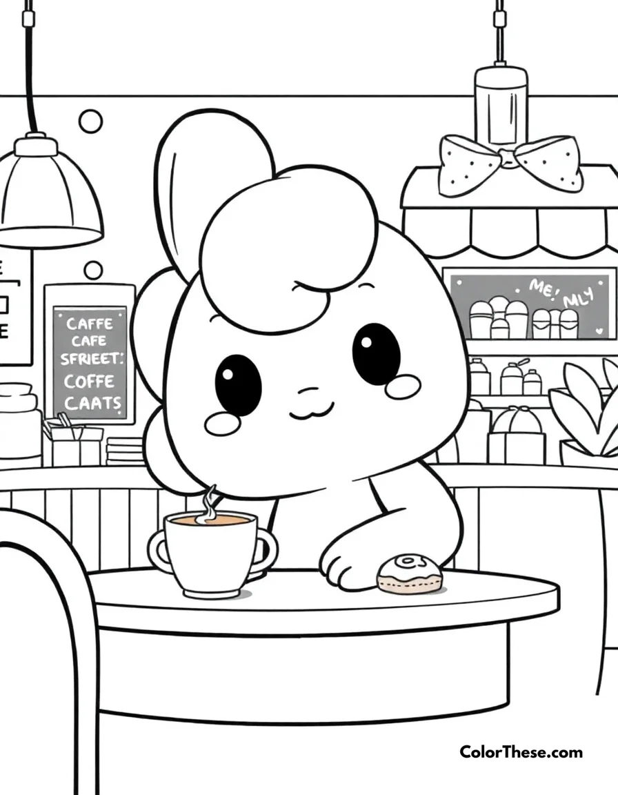 Free printable cinnamoroll cafe time coloring page for kids and adults. Cinnamoroll enjoying time at his favorite cafe with coffee and sweets.