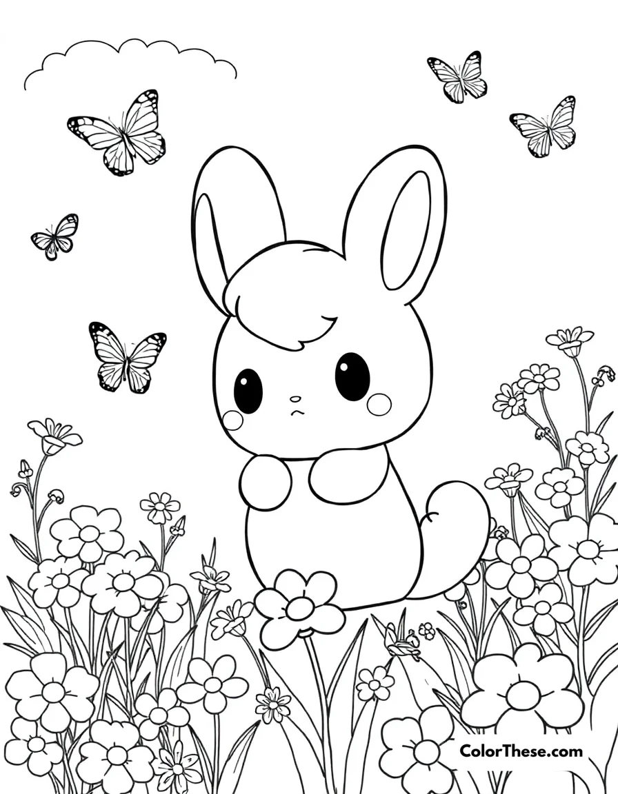 Free printable cinnamoroll in the garden coloring page for kids and adults. Cinnamoroll enjoying a beautiful day among flowers and butterflies.
