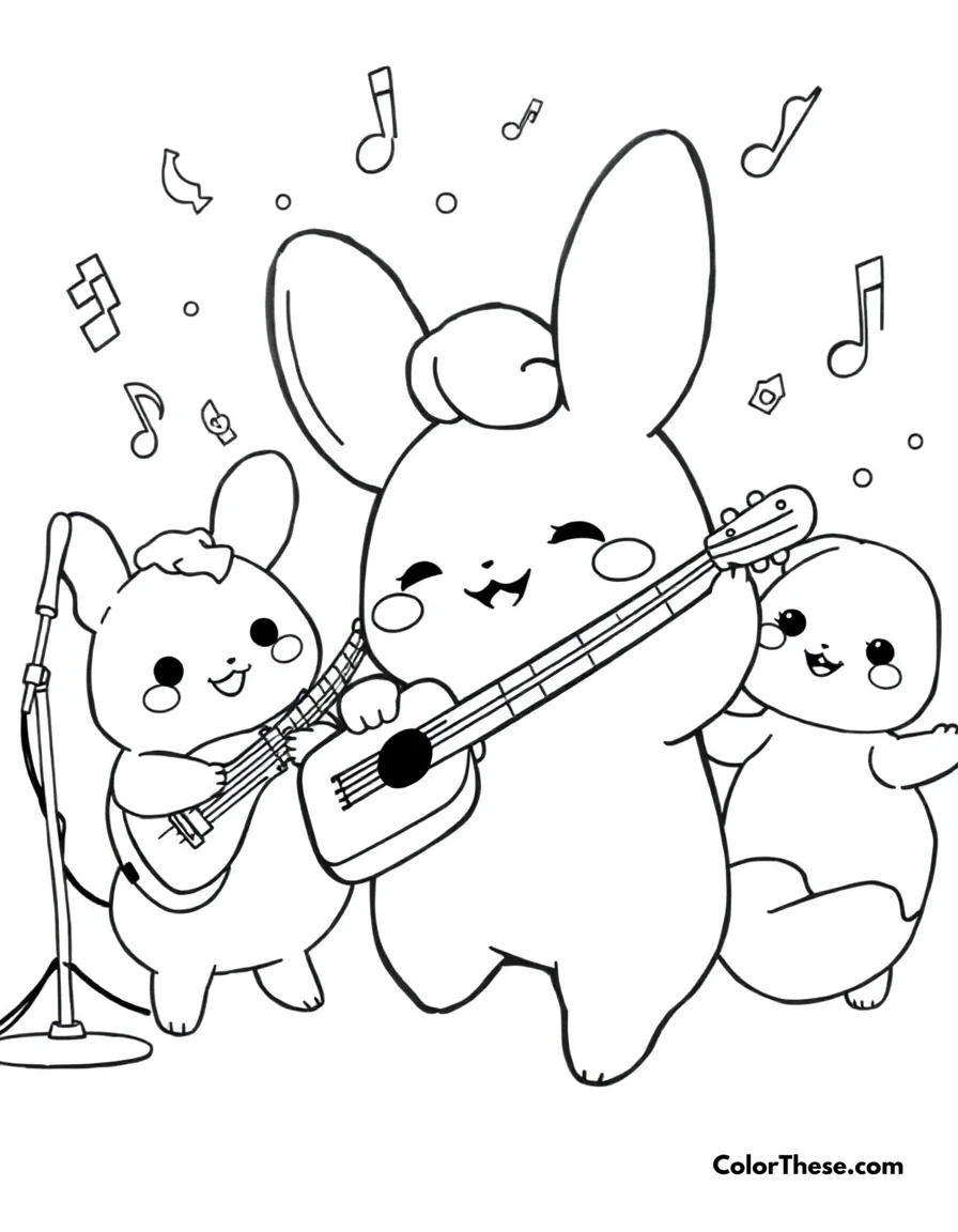 Free printable cinnamoroll music time coloring page for kids and adults. Cinnamoroll enjoying music and dancing with friends.