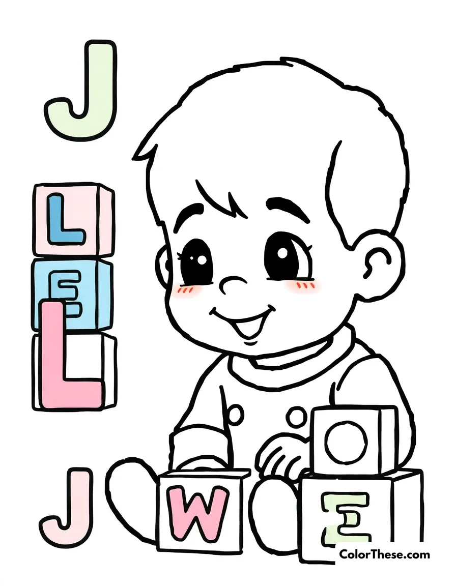 Free printable learning abc's coloring page for kids and adults. JJ learning his letters with colorful alphabet blocks.