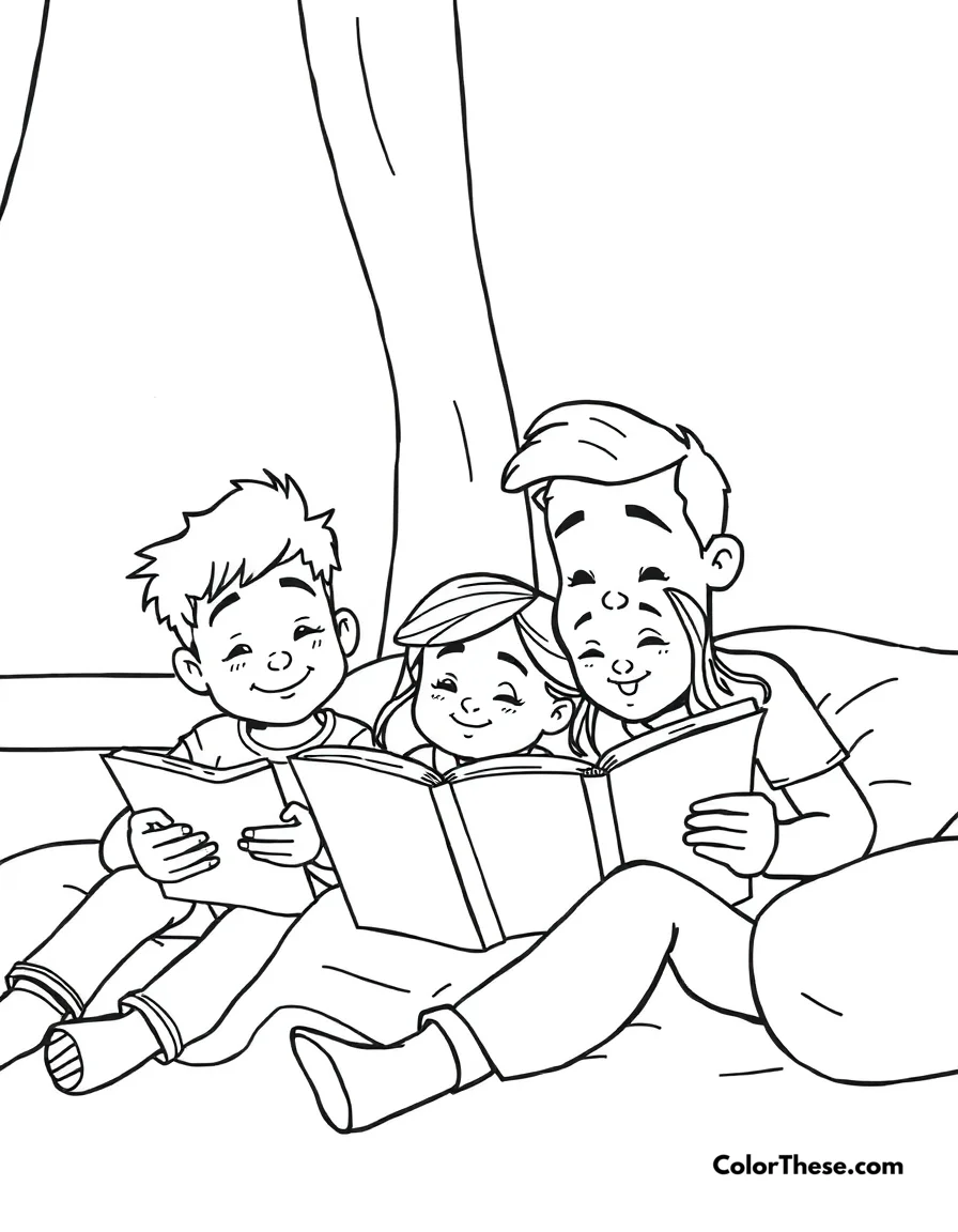 Free printable bedtime stories coloring page for kids and adults. JJ and his family reading bedtime stories together.
