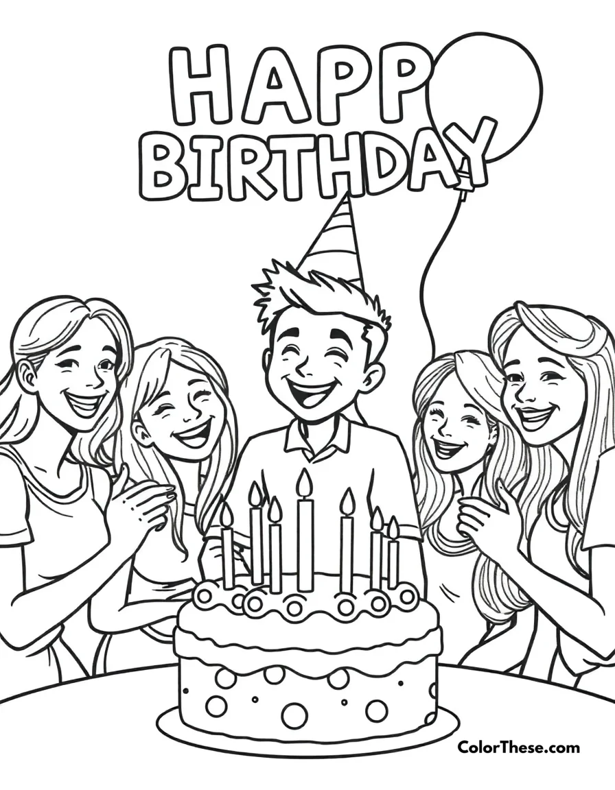 Free printable birthday party coloring page for kids and adults. JJ celebrating a birthday with friends and family.
