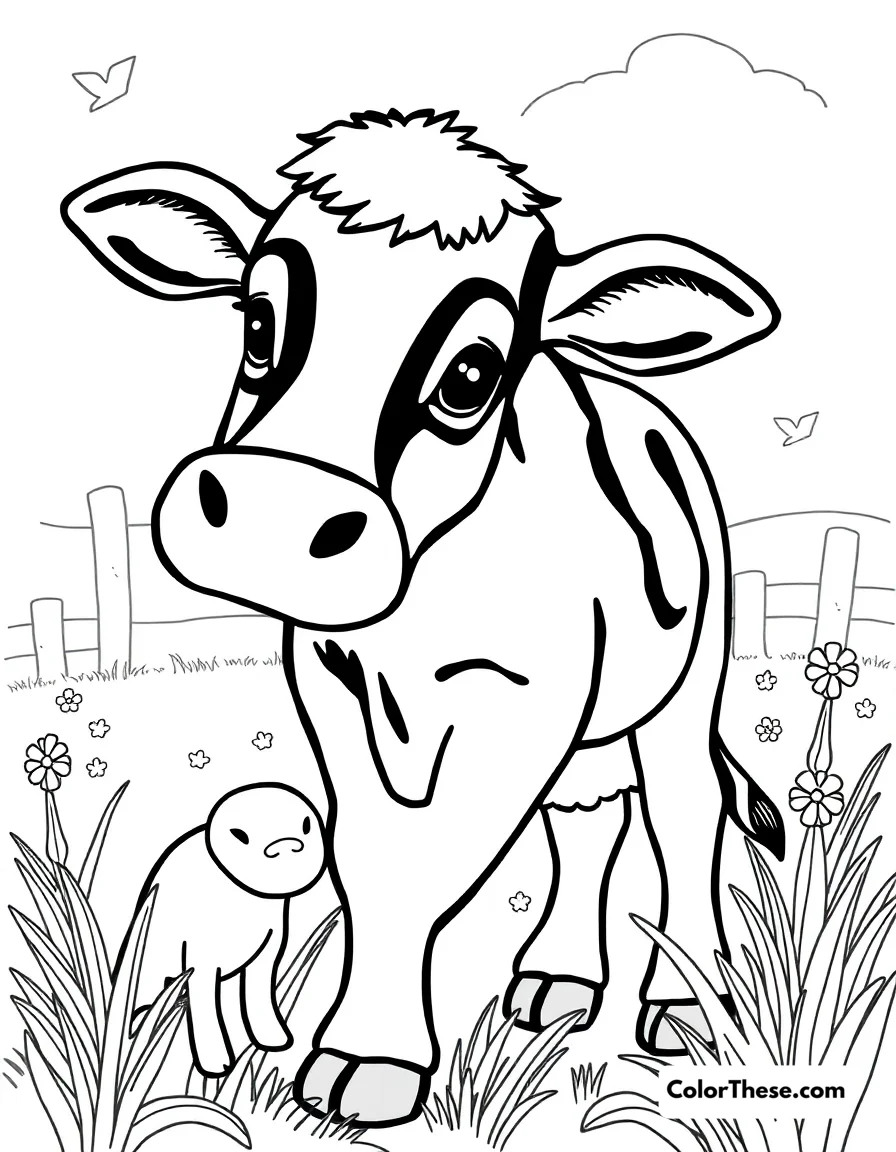 Free printable farm visit coloring page for kids and adults. JJ learning about animals and life on the farm.