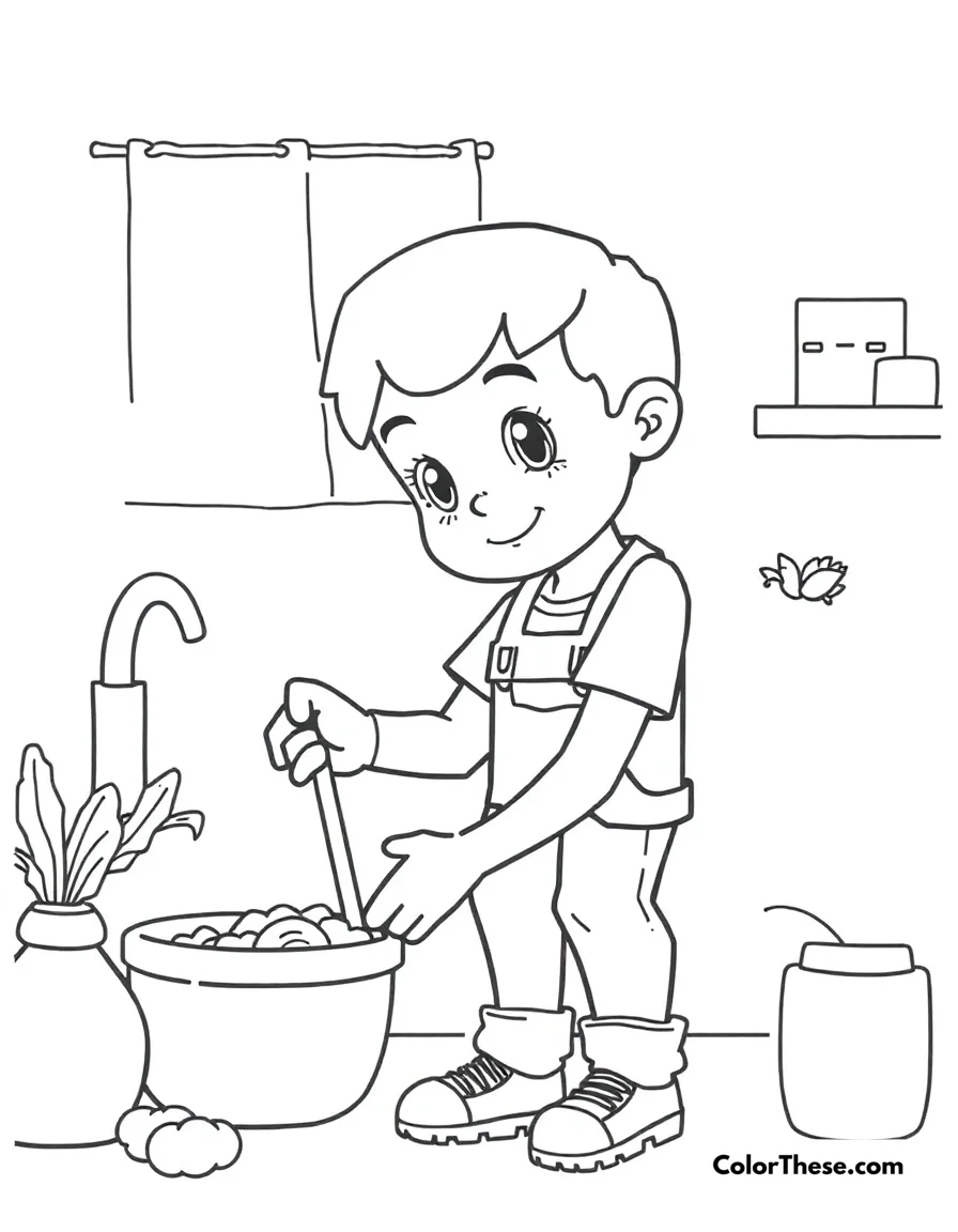 Free printable helping at home coloring page. JJ helping with household chores and activities.