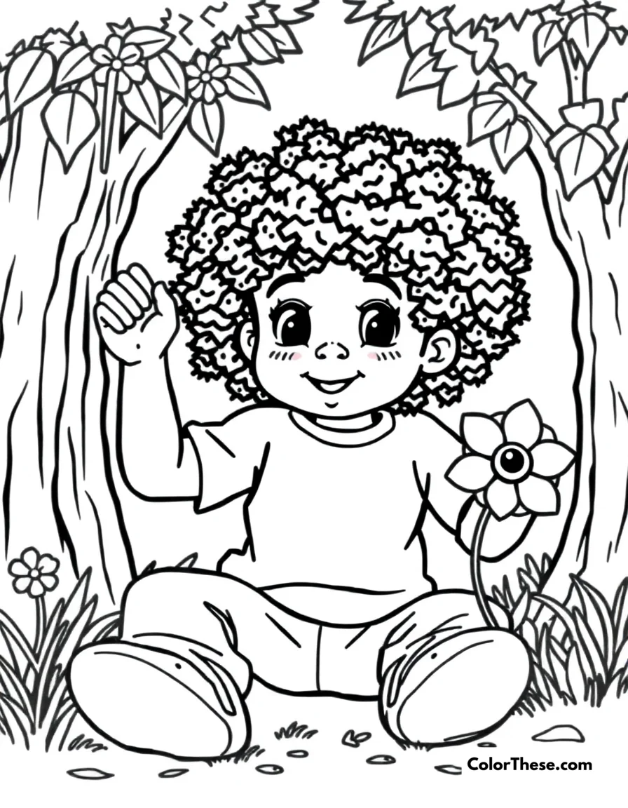 Free printable outdoor adventures coloring page for kids and adults. JJ exploring nature and playing outside.