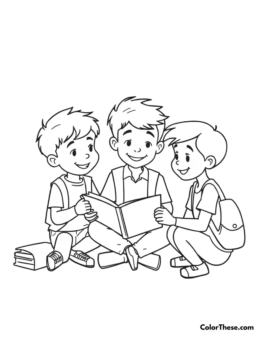 Free printable school time coloring page for kids and adults. JJ learning and playing at school with his friends.