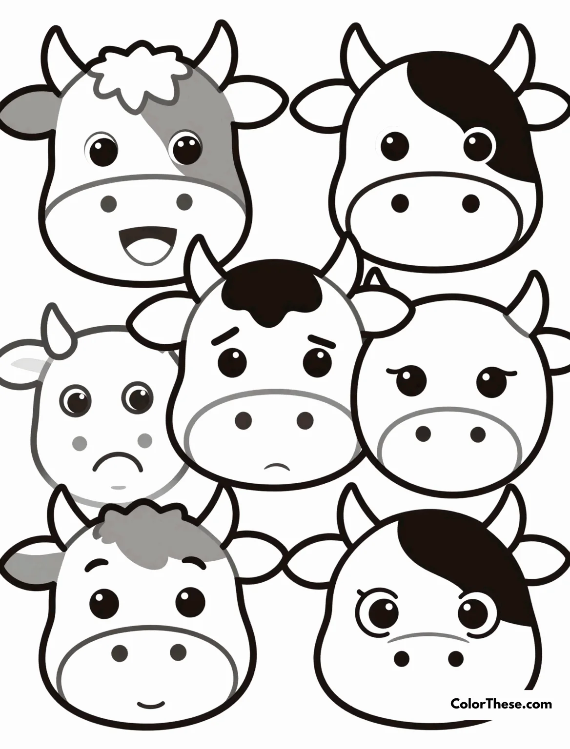 Free printable cow faces with different expressions coloring page for kids and adults. Discover our Cow Faces with Different Expressions coloring page, perfect for all ages. Download, print, and bring these expressive cows to life!