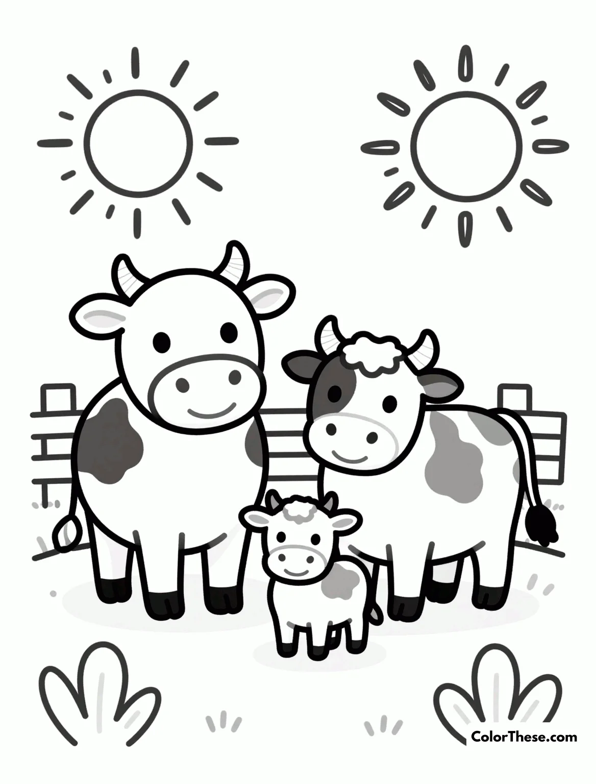 Free printable cow family in the pasture coloring page for kids and adults. Discover the Cow Family in the Pasture coloring page, perfect for all ages. Download, print, and enjoy this delightful scene today for free.