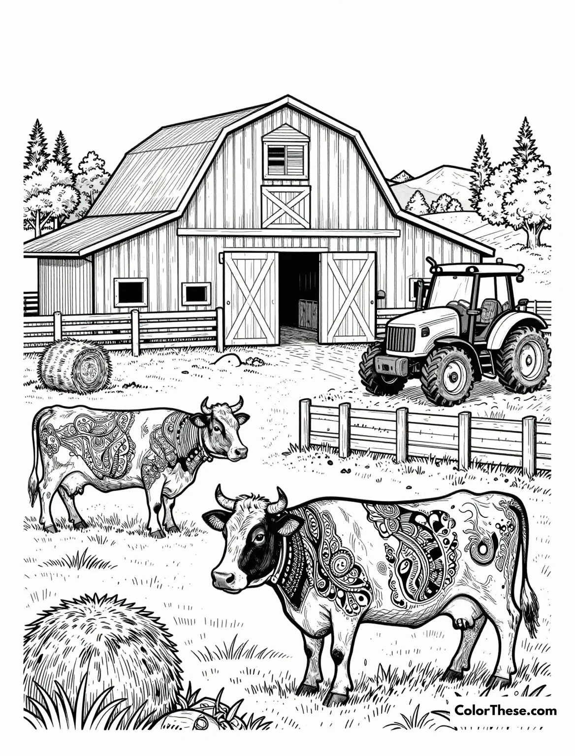 Free printable detailed farm scene with cows coloring page for kids and adults. Explore our Detailed Farm Scene with Cows coloring page, perfect for all ages. Download and print this free page to unleash your creativity!