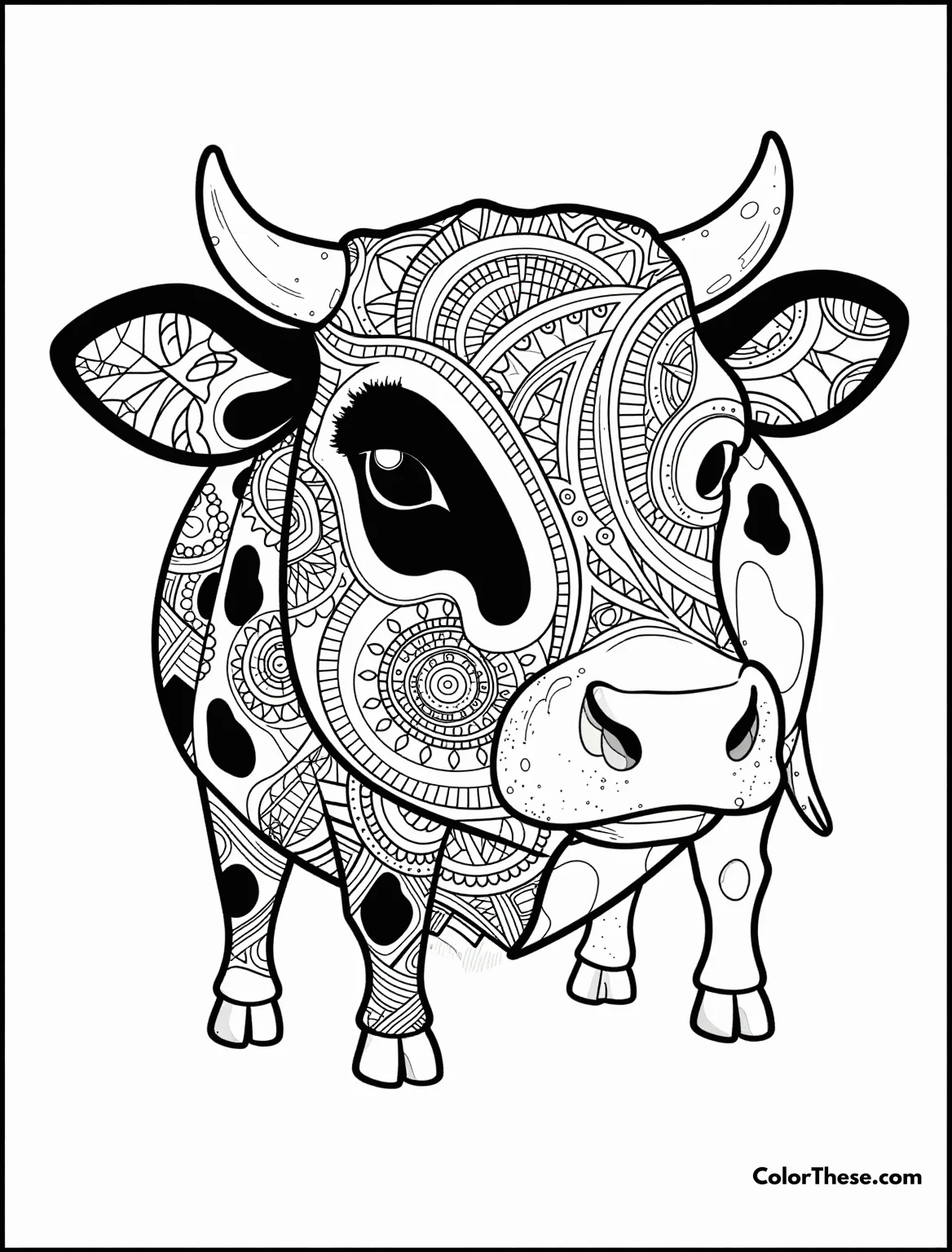 Free printable intricate cow spots design coloring page for kids and adults. Download the Intricate Cow Spots Design coloring page, perfect for all ages. Balance simplicity with complexity and explore your creativity with color.
