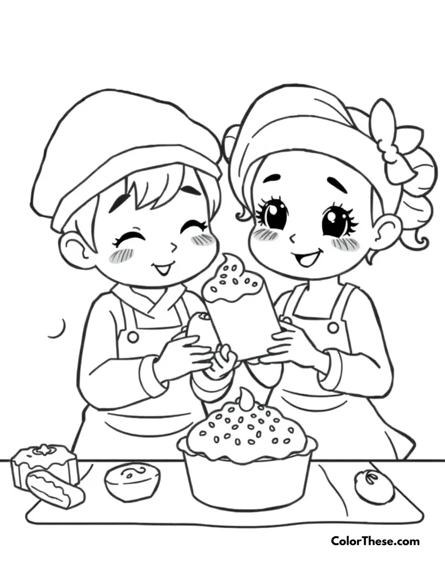 Free printable baking day coloring page for kids and adults. Adorable characters baking sweet treats together.