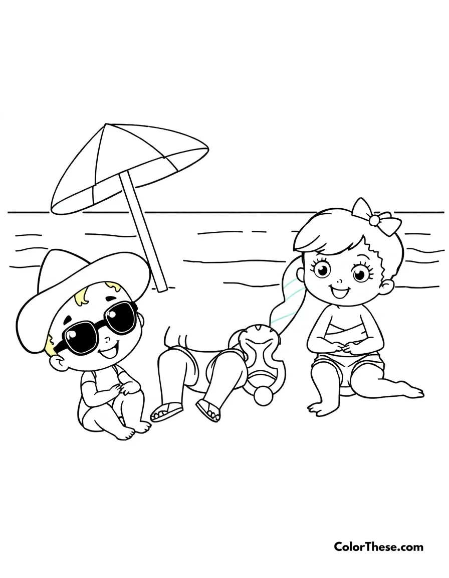 Free printable beach buddies coloring page for kids and adults. Adorable characters having fun at the beach.