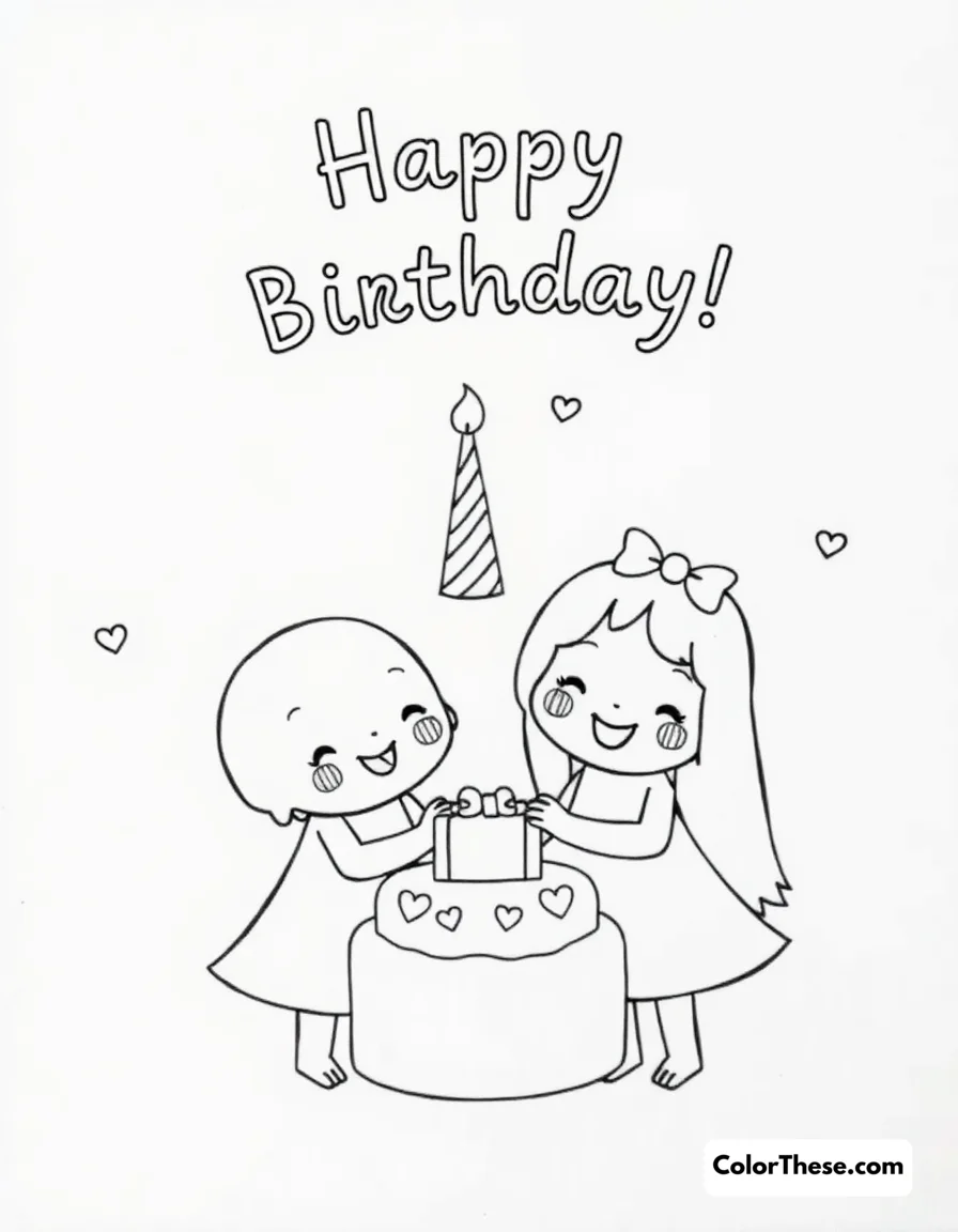 Free printable birthday buddies coloring page for kids and adults. Sweet characters celebrating a happy birthday together.