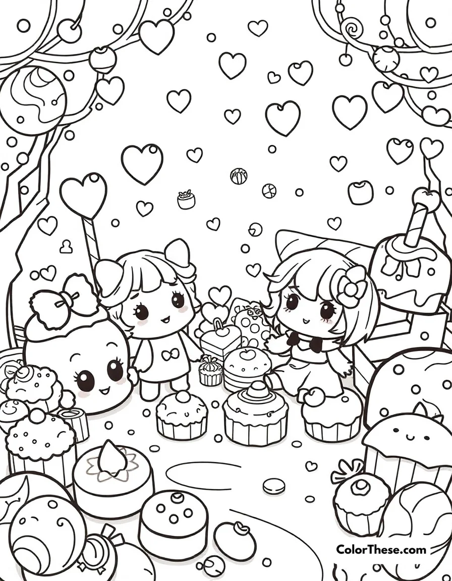 Free printable candy land coloring page for kids and adults. Adorable characters in a world made of sweets and treats.