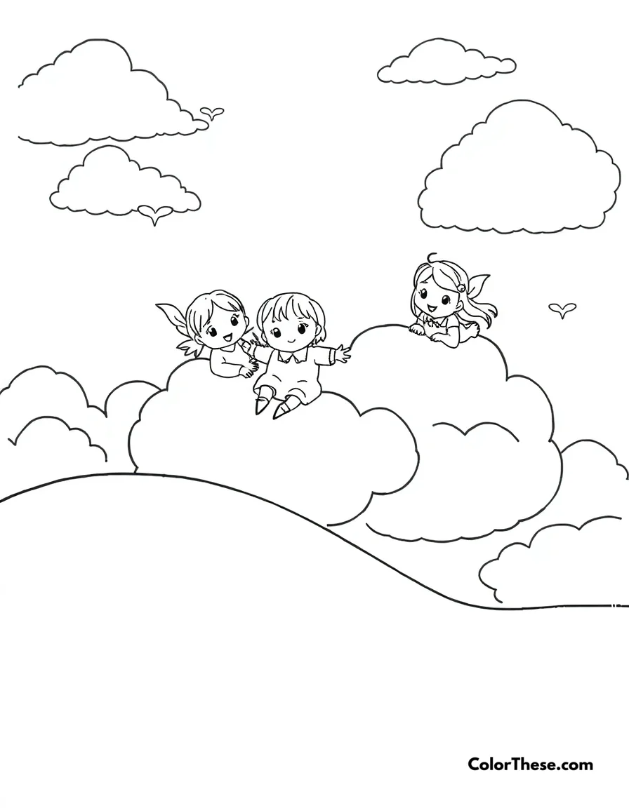 Free printable cloud friends coloring page for kids and adults. Sweet characters playing on fluffy clouds in the sky.