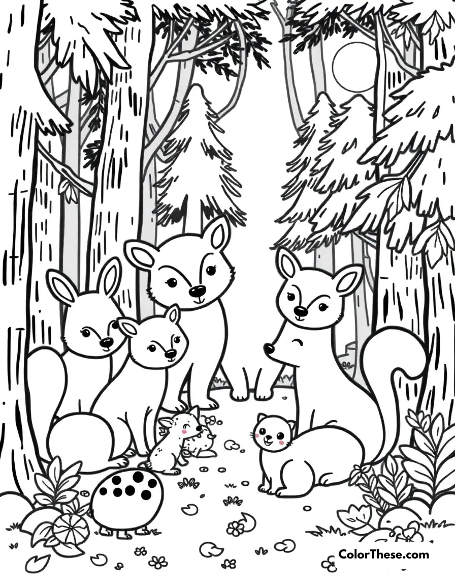 Free printable forest friends coloring page for kids and adults. Adorable woodland animals gathering in the forest.