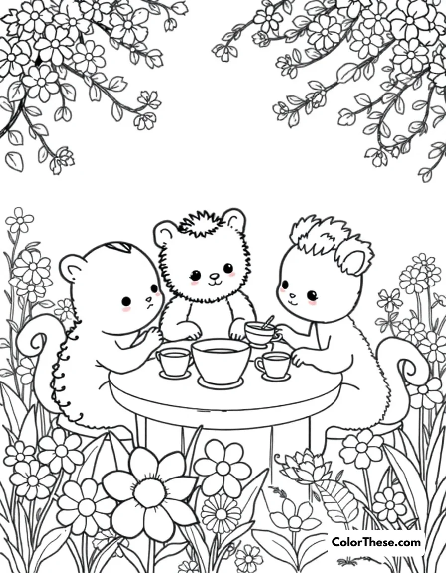 Free printable garden party coloring page for kids and adults. Cute creatures having a tea party in a flower garden.