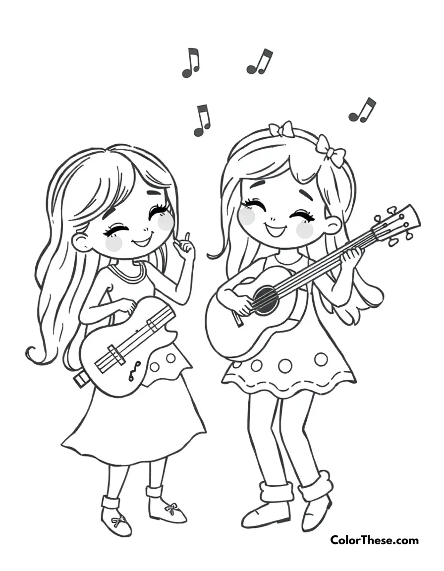 Free printable music friends coloring page for kids and adults. Sweet characters playing music and dancing together.