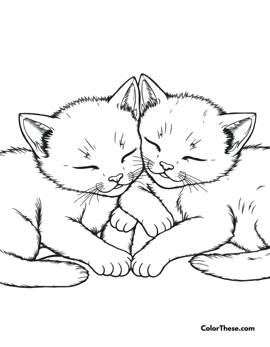 Free printable sleepy kitties coloring page for kids and adults. Adorable kittens taking a cozy nap together.
