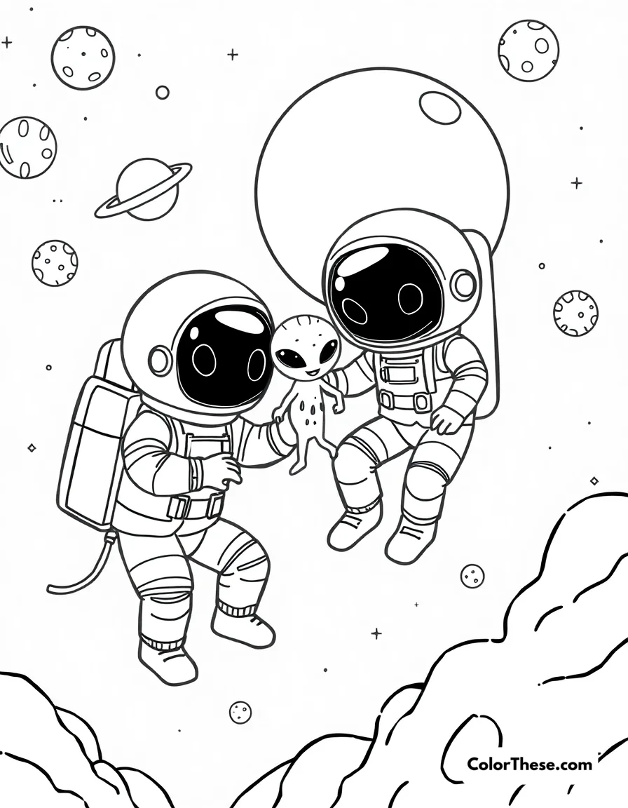 Free printable space cuties coloring page for kids and adults. Adorable astronauts and aliens exploring space together.
