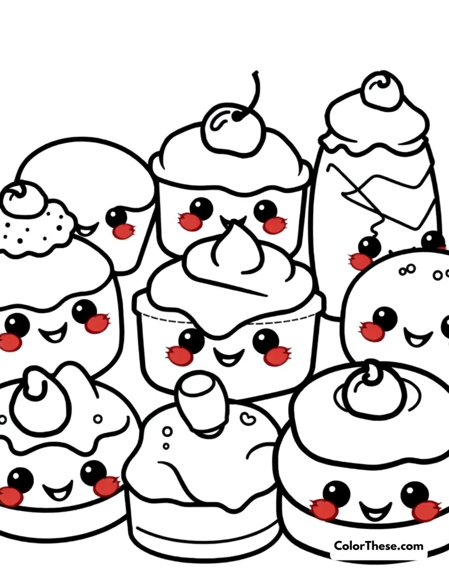 Free printable sweet desserts coloring page for kids and adults. A collection of kawaii desserts with happy faces.