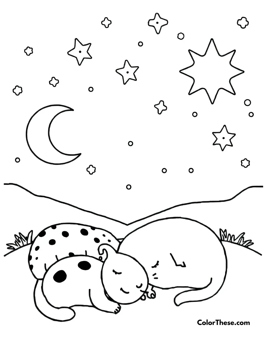 Free printable sweet dreams coloring page for kids and adults. Adorable sleeping creatures under a starry sky.