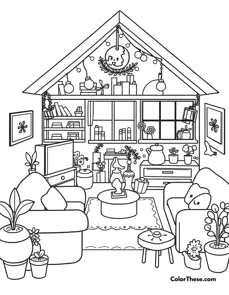 Free printable sweet home coloring page for kids and adults. A cozy house filled with kawaii furniture and decorations.