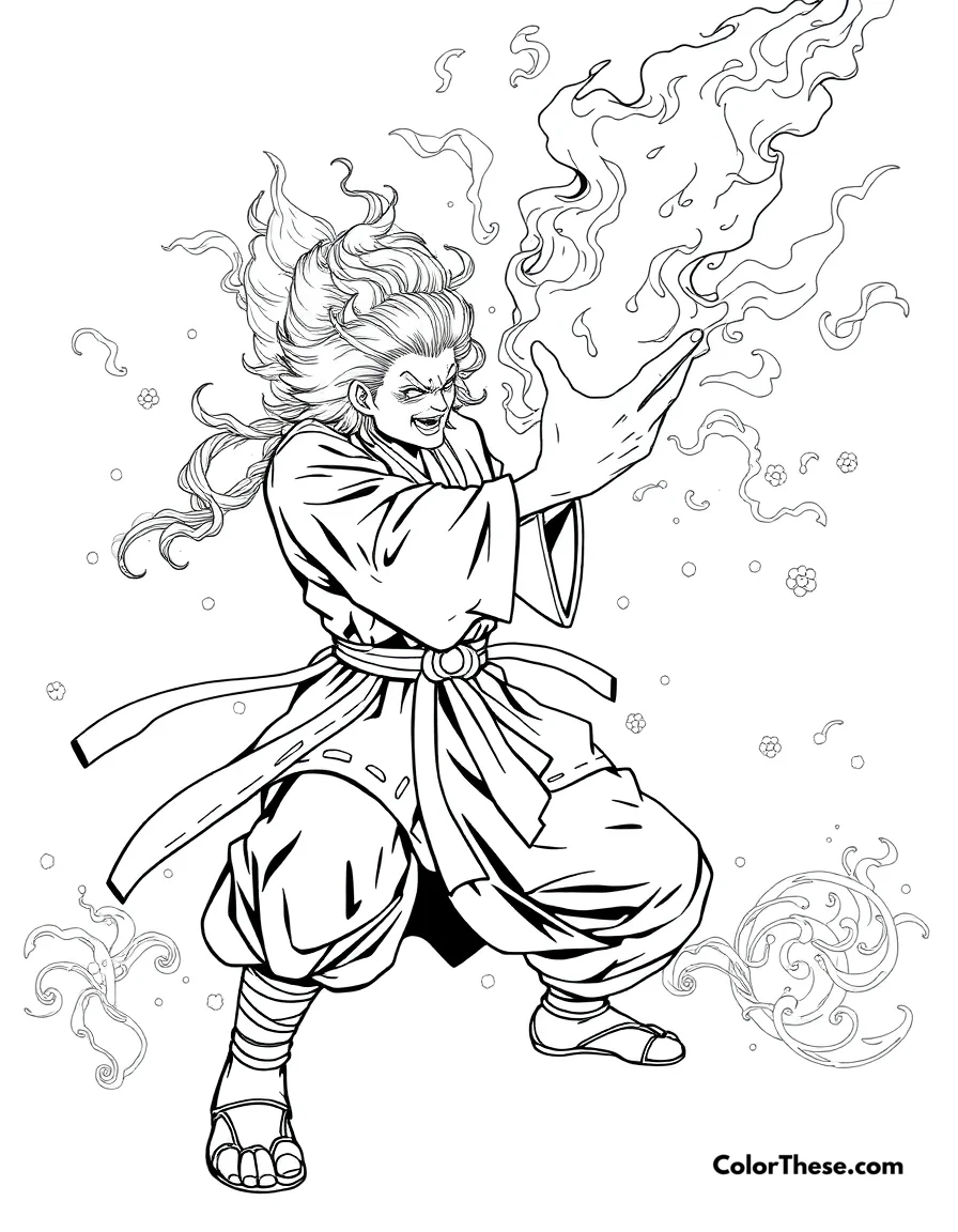 Free printable rengoku's flame breathing coloring page for kids and adults. Kyojuro Rengoku demonstrating the power of Flame Breathing.