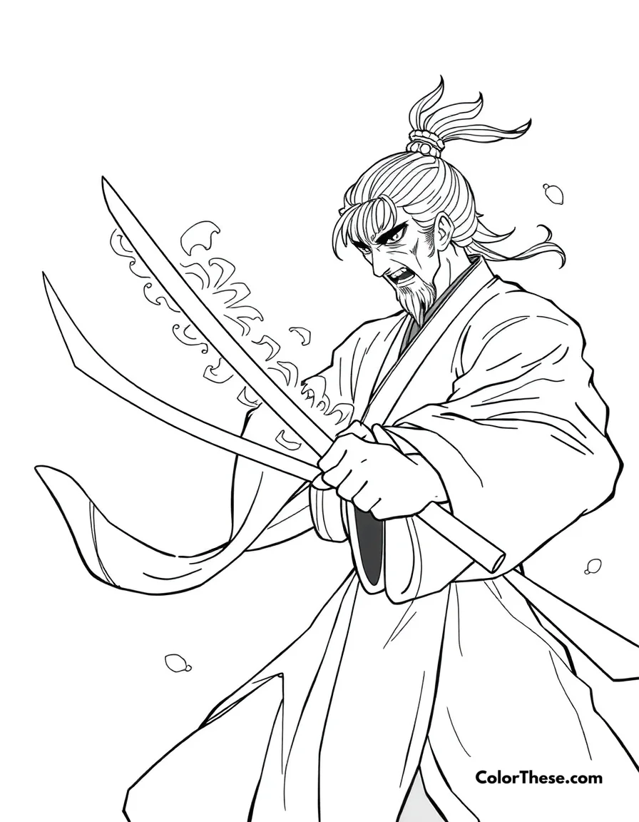 Free printable tengen's sound breathing coloring page. Tengen Uzui demonstrating Sound Breathing with his dual blades.