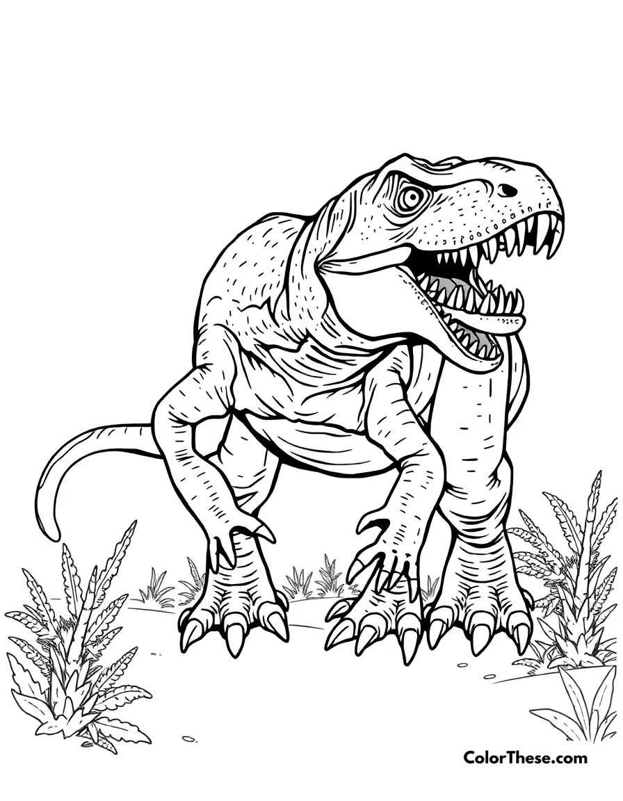 Free printable fierce allosaurus coloring page for kids and adults. An Allosaurus showing its powerful hunting abilities.