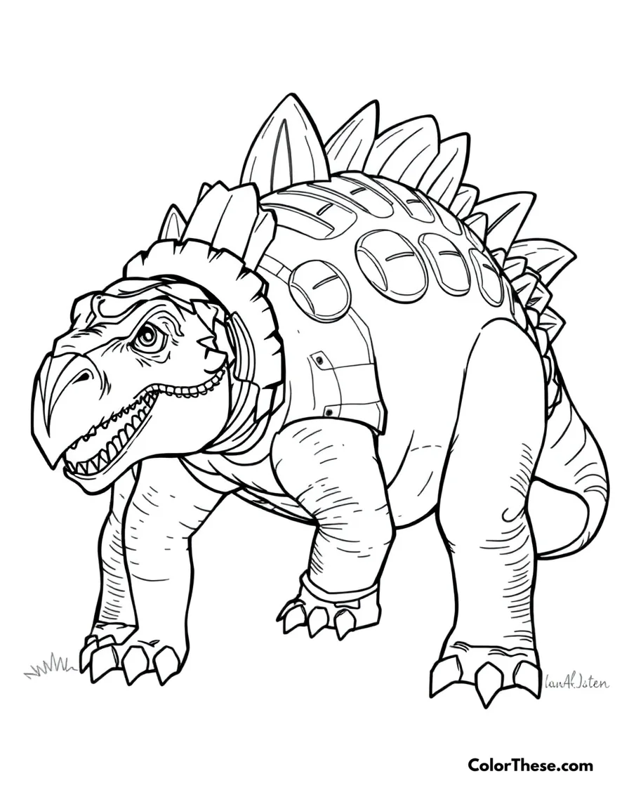 Free printable armored ankylosaurus coloring page for kids and adults. A heavily armored Ankylosaurus with its powerful tail club.