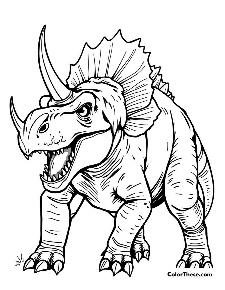 Free printable spiked carnotaurus coloring page for kids and adults. A horned Carnotaurus showing its unique predatory features.
