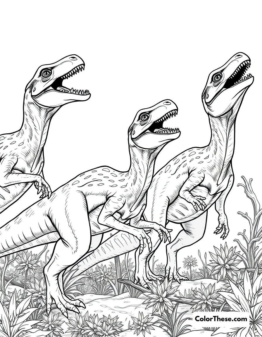 Free printable pack hunting deinonychus coloring page. A group of Deinonychus showing their pack hunting behavior.