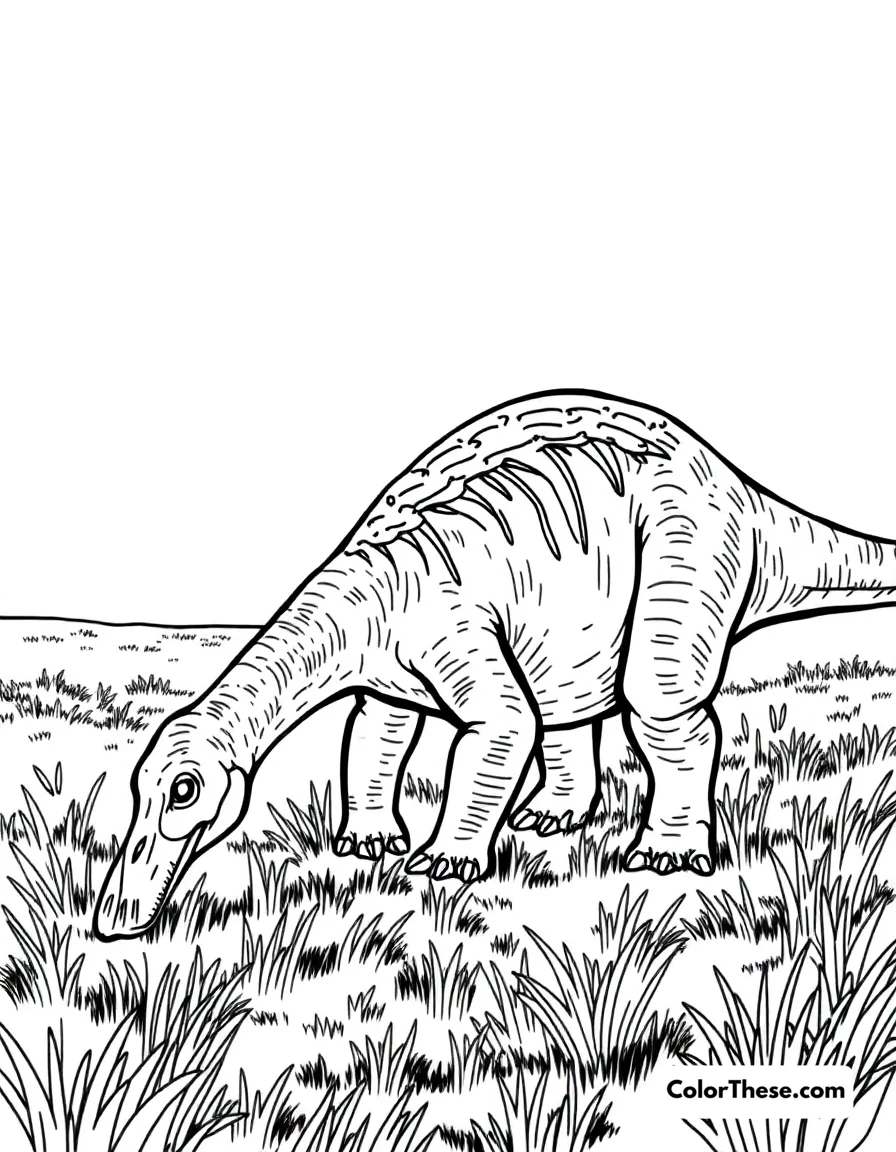 Free printable plated edmontosaurus coloring page. A duck-billed Edmontosaurus grazing in a prehistoric field.