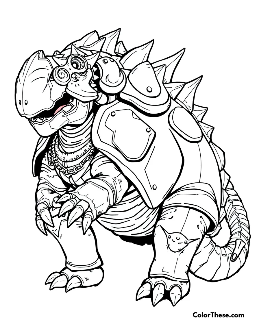 Free printable armored euoplocephalus coloring page for kids and adults. A heavily armored Euoplocephalus with its powerful club tail.