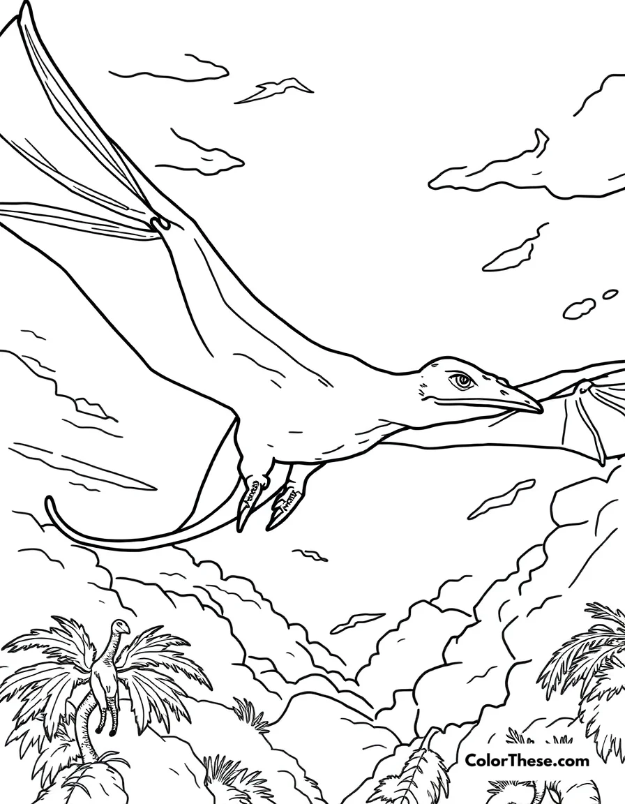 Free printable flying pterodactyl coloring page for kids and adults. A Pterodactyl soaring through prehistoric skies.