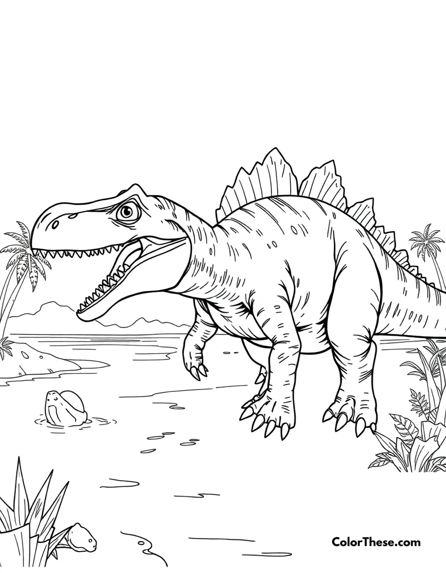Free printable spiny spinosaurus coloring page. A massive Spinosaurus hunting near prehistoric waters.