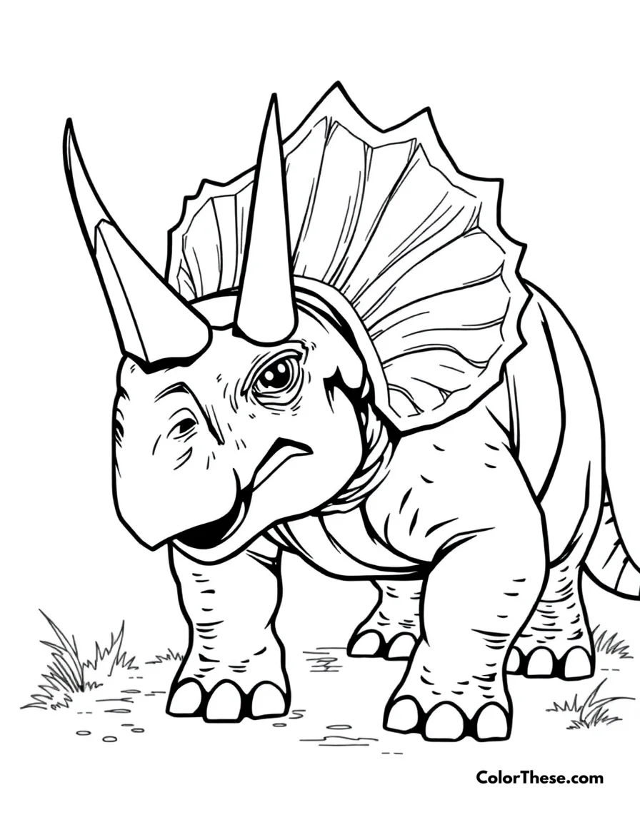 Free printable horned triceratops coloring page for kids and adults. A powerful Triceratops showing its three-horned defense.