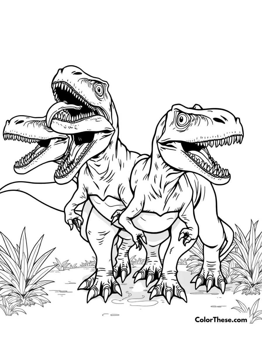 Free printable velociraptor pack coloring page for kids and adults. A group of clever Velociraptors hunting together.