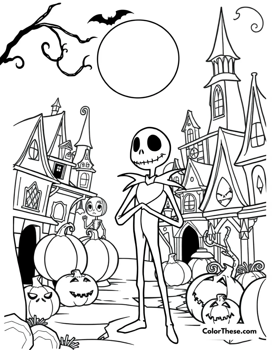 Free printable jack skellington in halloween town coloring page for kids and adults. Jack Skellington (Disney) standing in Halloween Town.