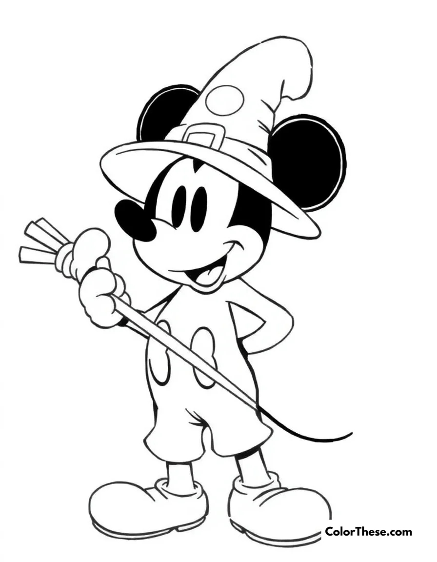 Free printable mickey mouse in a witch hat coloring page for kids and adults. Mickey Mouse (Disney) wearing a witch hat and holding a broomstick.