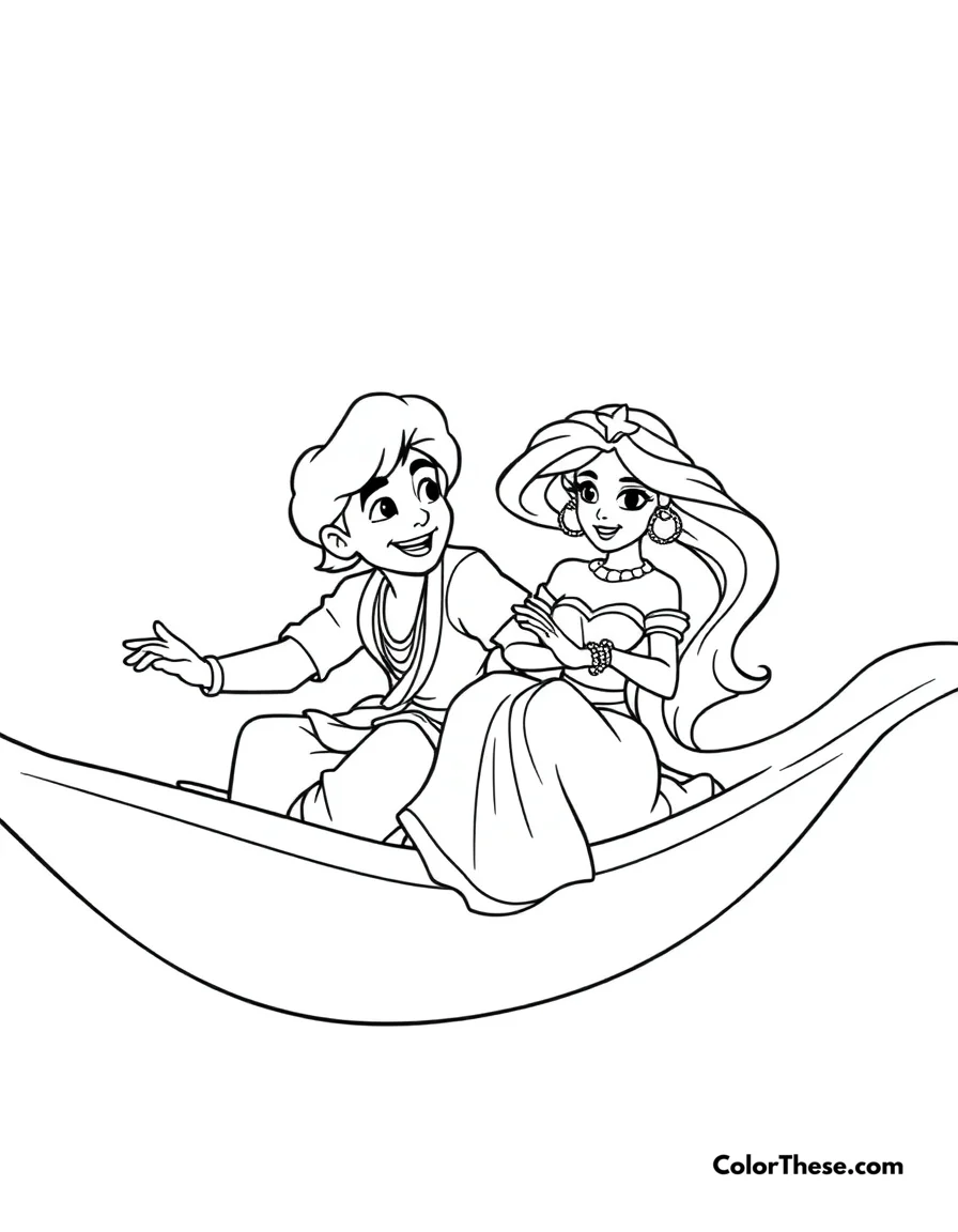 Free printable aladdin's magic carpet coloring page. Aladdin and Jasmine sharing a magical carpet ride.