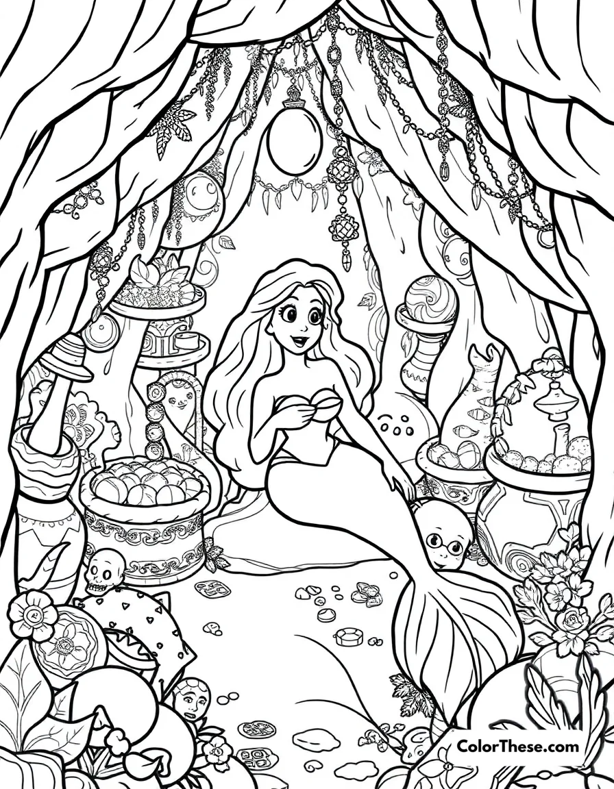 Free printable ariel's grotto coloring page for kids and adults. Ariel in her secret grotto filled with human treasures.
