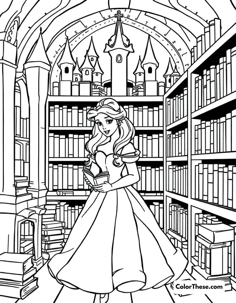 Free printable princess belle's library coloring page for kids and adults. Belle surrounded by her beloved books in the castle library.