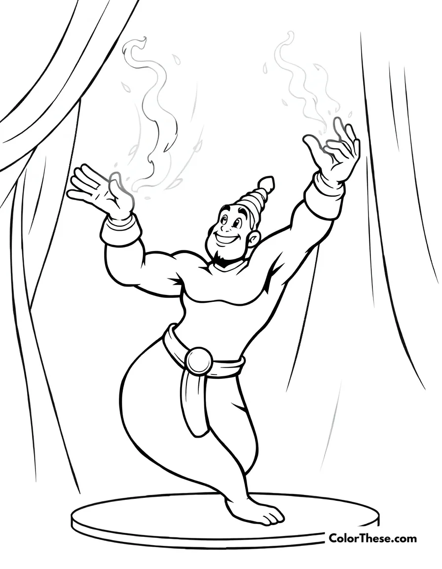 Free printable genie's magic coloring page. Genie performing his spectacular magical entertainment.