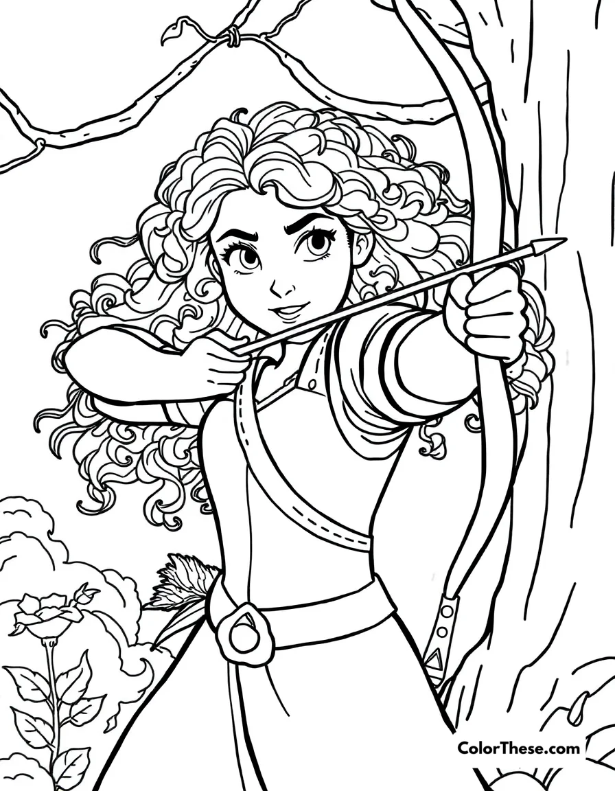 Free printable merida's archery coloring page. Merida demonstrating her exceptional archery skills.