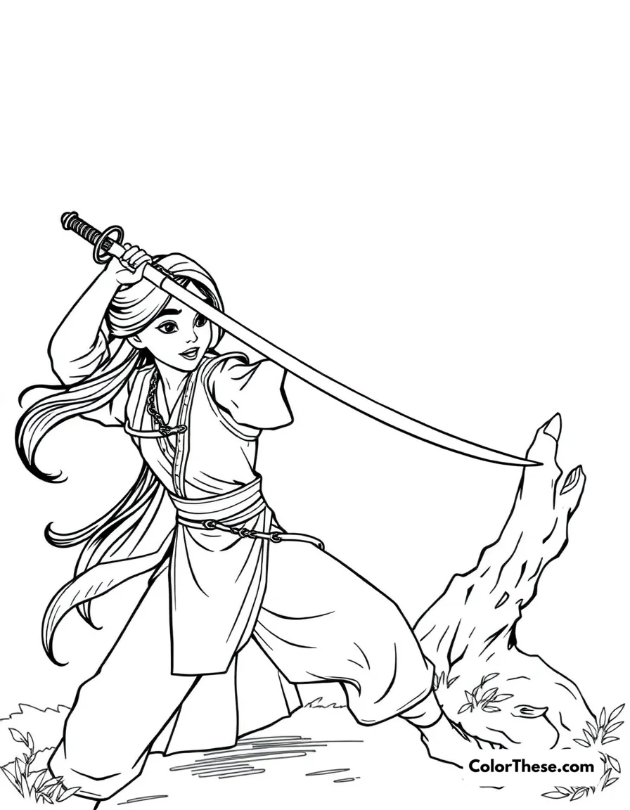 Free printable mulan's training coloring page for kids and adults. Mulan practicing with her sword during training.