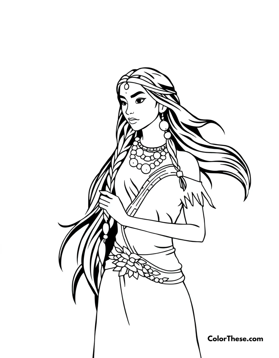 Free printable pocahontas and nature coloring page. Pocahontas connecting with the colors of the wind.