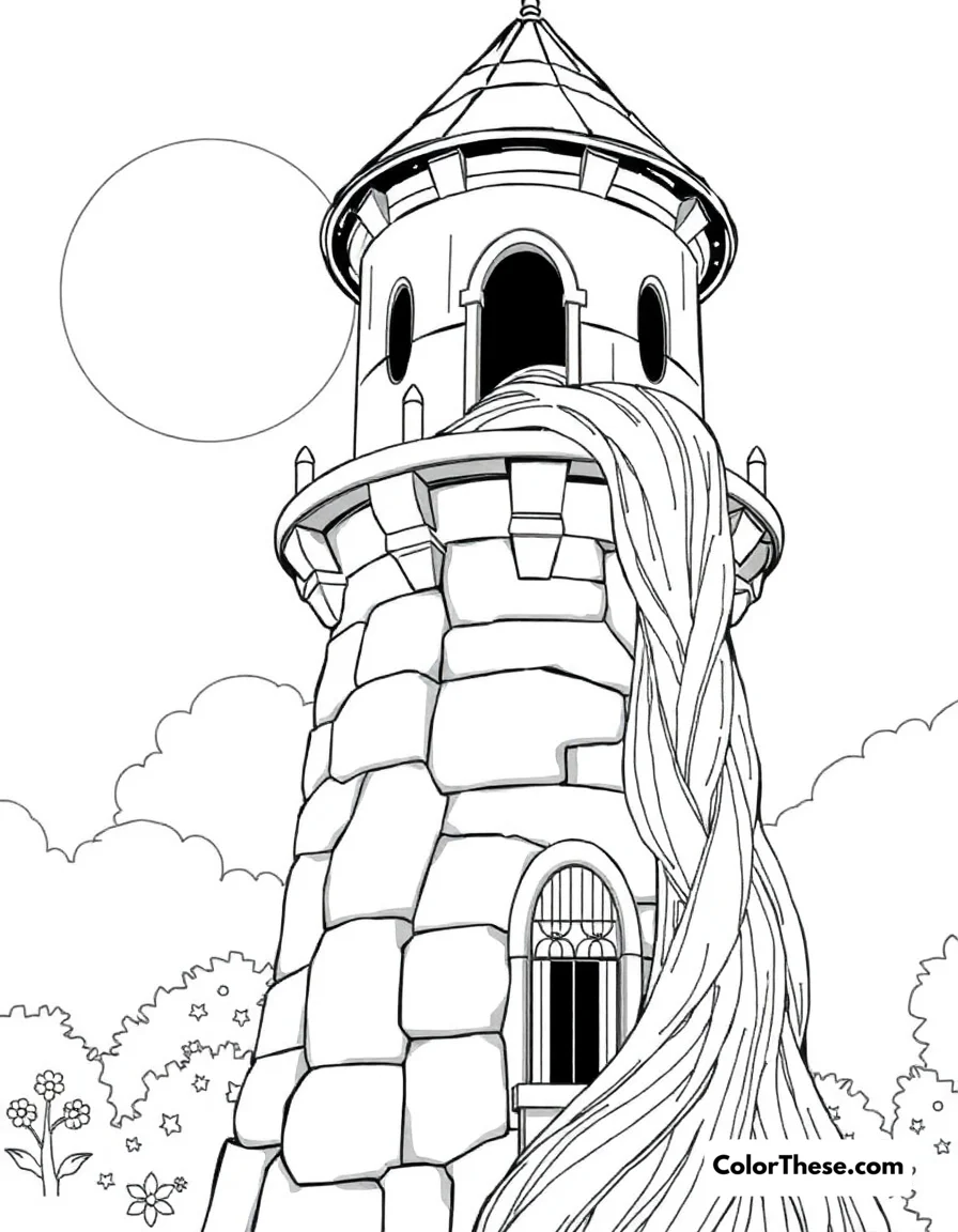 Free printable rapunzel's tower coloring page for kids and adults. Rapunzel letting down her magical golden hair from her tower.